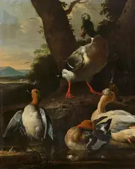 Melchior de Hondecoeter, Ducks in a Wooded Landscape, Oil on canvas (relined)