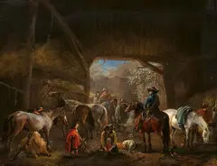Philips Wouwerman, A horse stable with travellers, Oil on panel