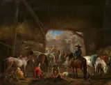 Philips Wouwerman, A horse stable with travellers
