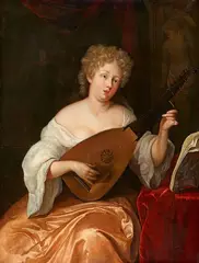 Eglon van der Neer, A young woman, playing the lute, Oil on panel