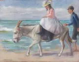Max Liebermann, "Dame in rosa Kleid auf weißem Esel" - Mädchen beim Eselreiten am Strand von Scheveningen, Circa 1901, Pastel crayons and charcoal on paper, backed by larger yellowish paper sheet and mounted to wooden stretcher