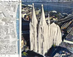 Mein Kölner Dom, Wrapped by Christo, 1992, Pencil, charcoal, pastels, wax crayon, photocopy, cloth, thread, and map on card on wood, sold Dec 2020