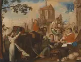 Market Scene by a Church by in the manner of Pieter Aertsen, Oil on metal panel, offered Nov 2020