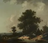 Landscape with a Peasant Cottage, Figures at Rest, and Washer Women by German or Netherlandish School 18th century, Oil on canvas (relined), offered Nov 2020