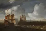 attributed to Jakob Feyt de Vries, Naval Battle Scene, Oil on panel