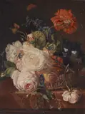 attributed to Jan van Huysum, Wicker Basket with Roses, Delphiniums, and Sweet Peas on a Table, Oil on canvas (relined)