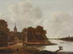 Jan Meerhout, River Landscape with a Village, Oil on panel