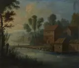 Netherlandish School around 1700, River Landscape with a Water Mill and Washerwomen, Oil on copper