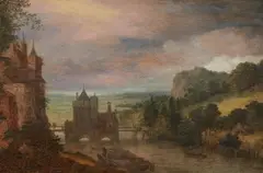Gillis Neyts, Landscape with a Castle on the Banks of a River, Oil on panel