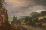 Gillis Neyts, Landscape with a Castle on the Banks of a River, Oil on panel