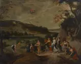 Netherlandish School 17th century, Mountain Landscape with Mercury, Herse and her Sisters on the Way to the Temple of Minerva, Oil on copper