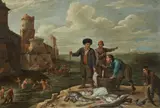 copy after David Teniers the Younger, Southern Coastal Landscape with Boats Unloading and Fishmongers, Oil on canvas (relined)