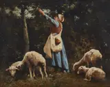 Émile Betsellère, Shepherdess Picking Apples, Oil on canvas (relined)