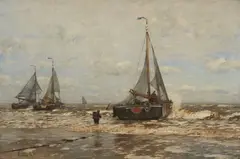Eugen Dücker, Sailing Ships Landing, Oil on canvas