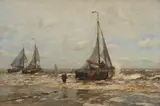 Eugen Dücker, Sailing Ships Landing, Oil on canvas