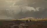 Eugen Dücker, Coastal Landscape with Fisherwomen, Oil on canvas