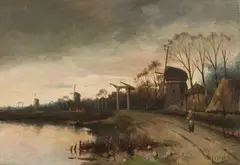 Marinus Adrianus Koekkoek, Dutch River Landscape with a Riverside Path and Windmills, Oil on canvas (relined)