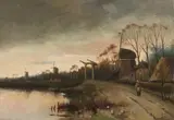 Marinus Adrianus Koekkoek, Dutch River Landscape with a Riverside Path and Windmills, Oil on canvas (relined)
