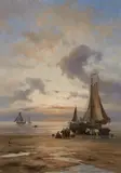 Johannes Herman Barend Koekkoek, Evening Coastal Landscape with Fisherwomen and a Horse Drawn Cart, Oil on panel