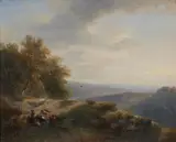 Peter Ludwig Kühnen, Hilly Landscape with Peasants and Animals, Oil on panel