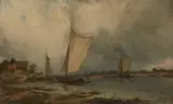Carl Julius von Leypold, Barges on the Banks of the River Elbe, Oil on canvas