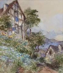 Carl Rüdell, Spring Landscape with Half-Timbered Houses, Watercolour on paper