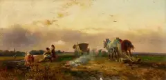Eduard Schleich the Elder, Two Landscapes with Peasants at Work, Oil on panel. Each