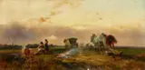 Eduard Schleich the Elder, Two Landscapes with Peasants at Work, Oil on panel. Each