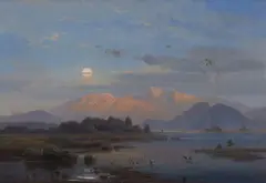 Eduard Schleich the Elder, Bavarian Lake Landscape in the Alps in Evening Light, Oil on canvas
