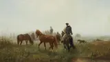 Adolf Schreyer, Bringing in the Horses, Oil on canvas