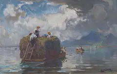 Josef Wopfner, Hay Boat on Chiemsee, Oil on card