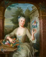 George van der Mijn, Young Lady with a Basket of Flowers by an Arch, Oil on panel