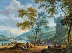 Dirck Dalens III, River Landscape in South Tirol or Northern Italy with Vineyards and Grape Pickers, Gouache on paper