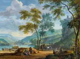 Dirck Dalens III, River Landscape in South Tirol or Northern Italy with Vineyards and Grape Pickers, Gouache on paper