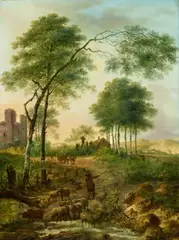 Gerard van Nijmegen, Two Landscapes with Shepherds and Architecture, Oil on panel. Each