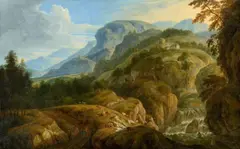German School circa 1800, Mountain Panorama with Figures and Architecture, Oil on copper