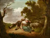 Sleeping Shepherd Children by a Fence by Heinrich Wilhelm (Hendrik Willem) Schweickhardt, Oil on panel, sold Nov 2020