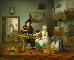 Pieter Fontijn, Kitchen Scene with two Women and a Sleeping Child in a Woven Cradle, Oil on panel (parquetted)