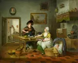 Pieter Fontijn, Kitchen Scene with two Women and a Sleeping Child in a Woven Cradle, Oil on panel (parquetted)