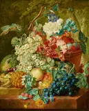 Wybrand Hendricks, Grapes, Peaches, and a Pineapple in a Basket on a Stone Ledge, Oil on panel