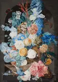 Franz Xaver Petter, Vase of Flowers in a Niche with a Butterfly and a Finch, Gouache on paper