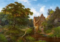 Ernst Ferdinand Oehme, A Mill in Eichtal, Oil on canvas
