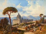 Friedrich Wilhelm Klose, Landscape near Rome with a View of St. Peter's Basilica, Oil on canvas