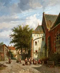 At the Westerkerk in Enkhuizen by Adrianus Eversen, Oil on canvas, sold Nov 2020