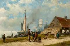 Hermanus Koekkoek, Conversation by the Quay, Oil on panel
