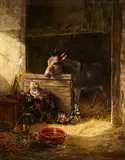 Carl Jutz the Elder, Puppies and a Donkey in a Stable