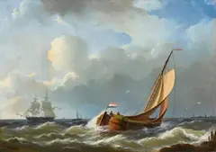 Abraham Hulk, Fishing Boats and a Frigate off the Coast, Oil on canvas
