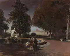 Oswald Achenbach, Evening Mood in the Park of the Villa Borghese with a View of Saint Peter's, Oil on canvas