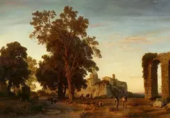 Oswald Achenbach, Mountain Town in the Campagna, Oil on canvas (relined)