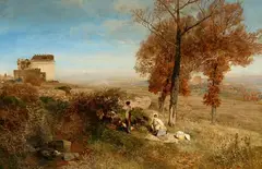 Oswald Achenbach, Peasants Resting on the Via Appia by the Mausoleum of Cecilia Metella, Oil on canvas